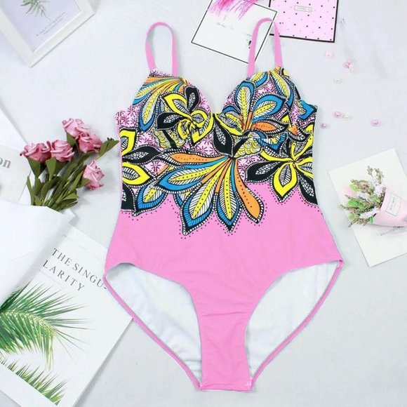 Sexy Print One Piece Swimsuit Closed Push Up Women Floral Pink Vintage Style NEW - Picture 2 of 4